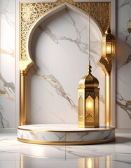 Elegant Ramadan background with golden lanterns on marble texture.