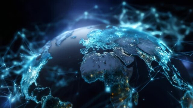 Dynamic Visualization of Earth with Connected Networks Illuminating the Continents and Showcasing the Interconnectedness of Global Communication and Technological Advancements in a Digital Era