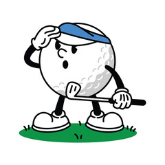Obraz premium Cartoon Golf Ball Character Holding Golf Club on Grass.