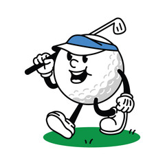 Fototapeta premium Cartoon Golf Ball Character Walking with Club.