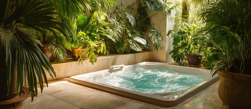 A relaxing jacuzzi with bubbling water surrounded by lush green plants in a tropical garden that offers tranquility and well-being.