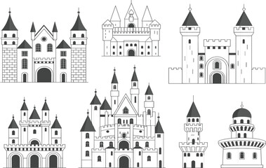Obraz premium Medieval castle vector icon set, fairy tale fortress and royal palace silhouettes for kingdom fantasy design