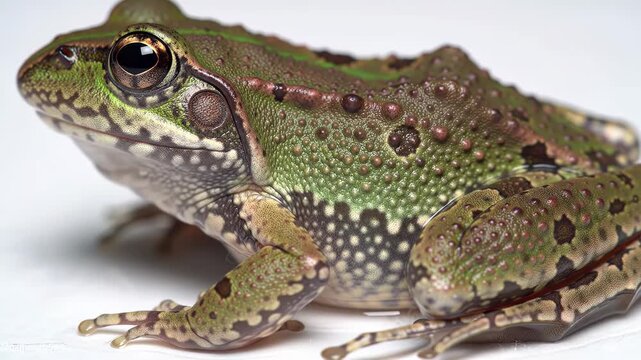 Closeup of a green frog with brown spots on a white background looking left
