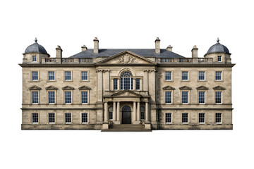 Naklejka premium Elegant historic mansion illustration with grand entrance and symmetrical design isolated on transparent background
