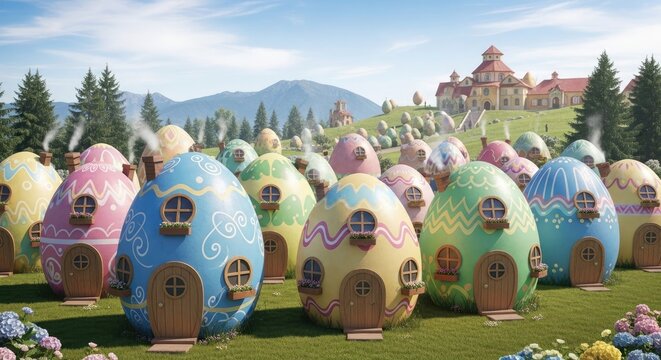 Whimsical easter egg houses on a sunny day celebrating easter day with colorful scenery