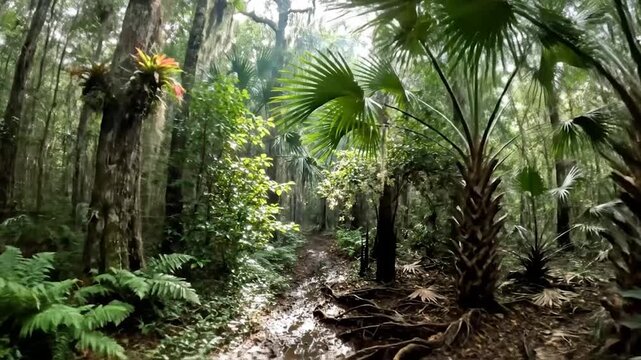 A winding muddy path leads through a lush, sun-dappled subtropical forest.