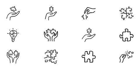 Puzzle Piece And Hand Line Icon Set In Doodle Style. Problem Solving, Creativity, And Innovation Outline Sketch Collection. Teamwork And Strategy Concepts. Hand Drawn Isolated Vector Illustration