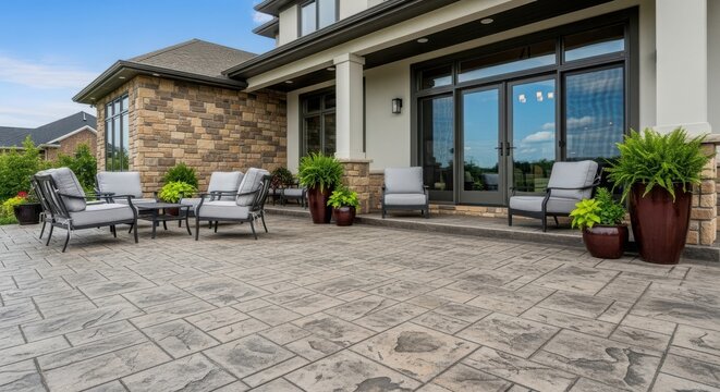 Modern patio with stamped concrete floor and comfortable outdoor seating