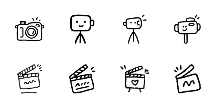 Camera And Clapperboard Line Icon Set In Doodle Style. Photography, Filmmaking, And Media Production Outline Sketch Collection. Creative Visual Arts Tools. Hand Drawn Isolated Vector Illustration
