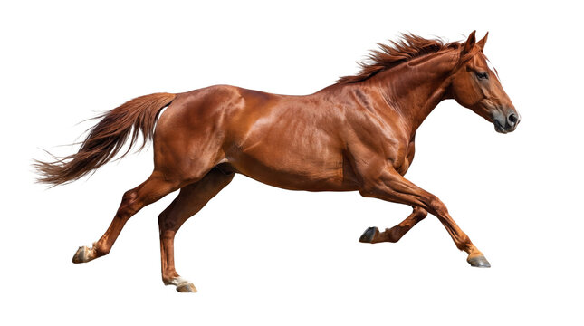 athletic bay horse in full gallop, showing powerful movement and streamlined form with its mane and tail flowing, captured in a realistic, dynamic photograph against a transparent background.