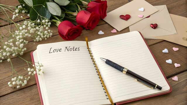 A blank notebook, pen, bouquet of flowers, and love notes for valentine's day
