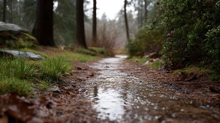 Fototapeta premium A wet forest path glistens with puddles after rain surrounded by trees and greenery