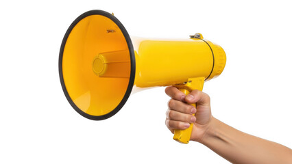 Yellow megaphone held by hand isolated on transparent background