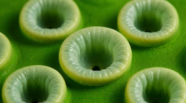 Closeup shot of a plant with green doughnut shaped structures or pods