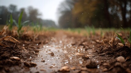 Fototapeta premium Close up of glistening water droplets on muddy soil in a field with young green plants emerging and a blurred background