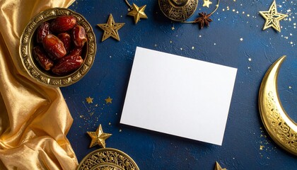 Blank white greeting card mockup resting on a luxurious gold and navy blue surface with dates, stars, and crescent moon decoration for ramadan and eid al fitr celebration