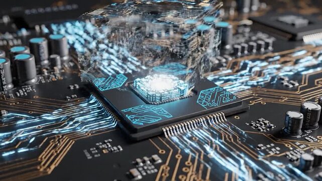 Central processing unit glowing on a dark circuit board with intricate golden