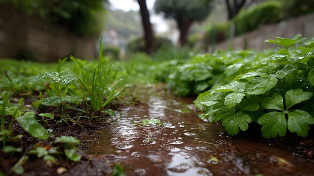A low angle perspective captures a rain soaked garden path glistening with water droplets and lush green vegetation