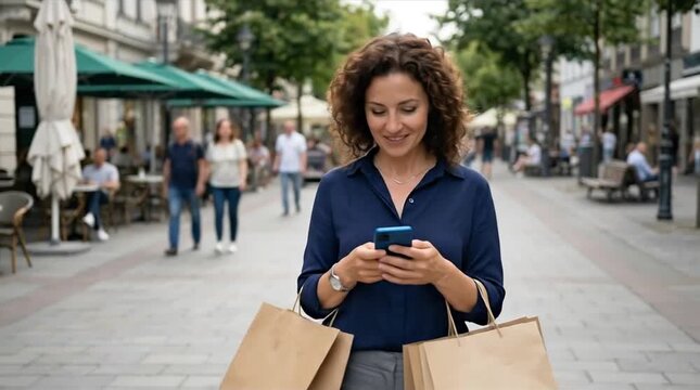 Smiling Woman with Shopping Bags Engaged with Smartphone on a Bustling Urban Pedestrian Street