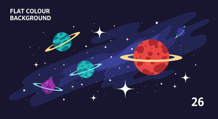 Colorful Planets and Stars in Outer Space - Flat Design Galaxy Illustration © Ahda