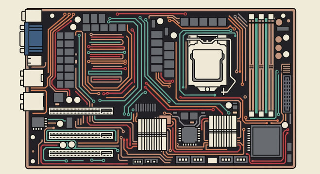 Computer Motherboard with Colorful Circuits and Components - Technology Concept