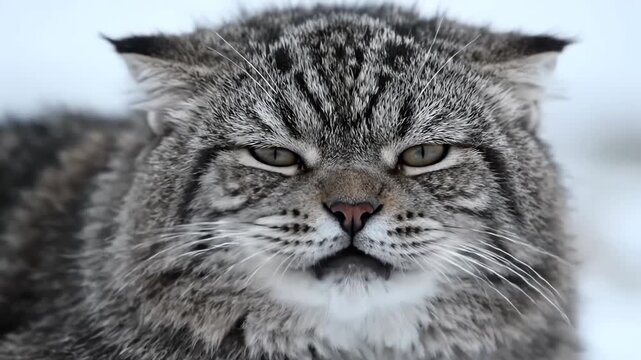 Close Up of a Wild Pallas Cat in Winter Snow with a Fierce Expression