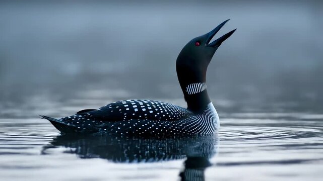 Common Loon Swimming and Calling on a Misty Lake at Dawn