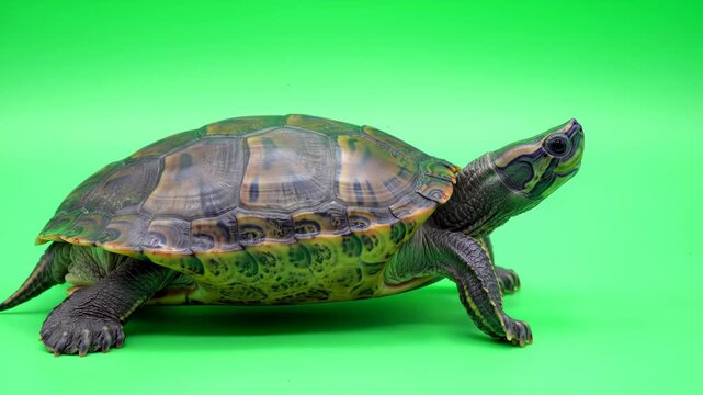 Turtle on green background, a reptile with shell and legs