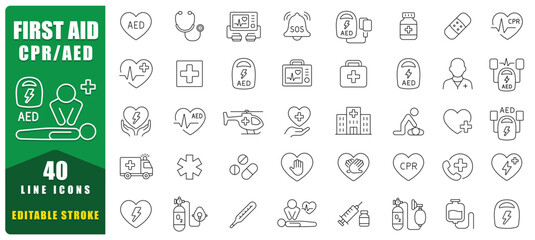 First Aid CPR AED Line Icon Set Featuring Emergency Care, Medical Equipment, Life Saving Actions, And Healthcare Symbols. Ideal For Training, Safety Guides, Apps, And Educational Materials. Vector © frank
