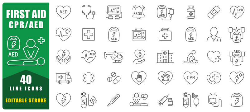 First Aid CPR AED Line Icon Set Featuring Emergency Care, Medical Equipment, Life Saving Actions, And Healthcare Symbols. Ideal For Training, Safety Guides, Apps, And Educational Materials. Vector
