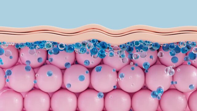 3D Animation of Hyaluronic Acid Serum Penetrating Skin Layers for Deep Hydration and Wrinkle Reduction. Collagen and Elastin Boosting Cosmetic Concept