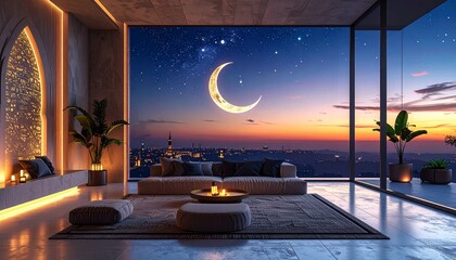 Modern Interior Design with Ramadan Decorations and Crescent Moon View for Ramzan Kareem Poster Background Lifestyle