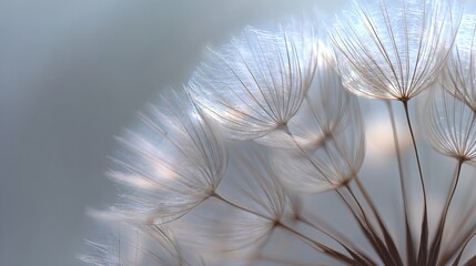 柔らかい光に包まれたタンポポの綿毛の幻想的なクローズアップ - 自然の美しさ、成長、希望、繊細なデザインのコンセプト背景画像