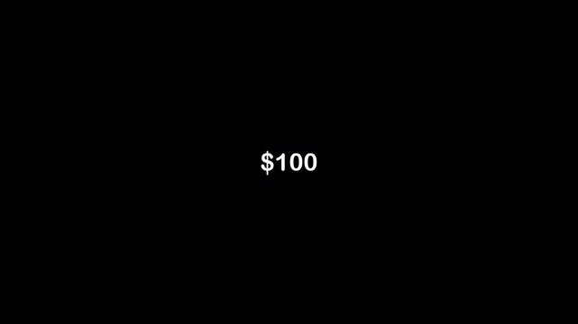 Number counter animation from zero to one hundred Dollers on a transparent background, Debt counter from zero to one hundred dollars with an alpha channel