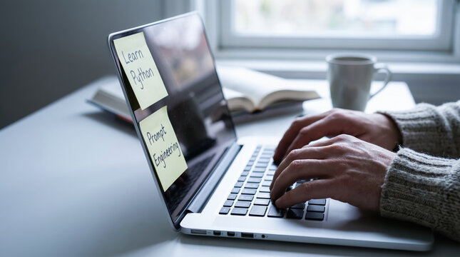 Learn Python prompt engineering workspace with laptop hands typing on keyboard focused on reskilling upskilling and ai employment opportunities