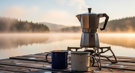Coffee on a peaceful lake dock illustration