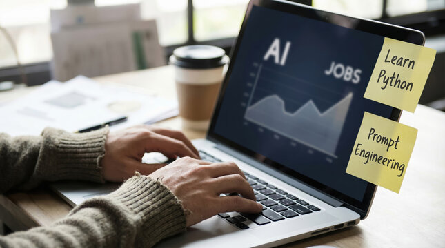 AI employment reskilling upskilling laptop workspace career planning sticky notes coding learning