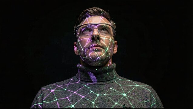 Male oncologist illuminated by violet AI diagnostic neural projection