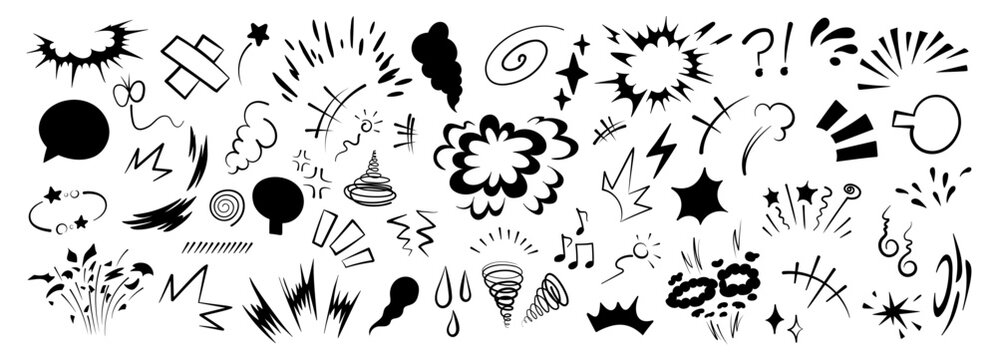 Superhero doodle effect, hand-drawn, with dynamic speed lines, a collection of animated cartoon motion elements and an explosive comic burst effect vector illustration.