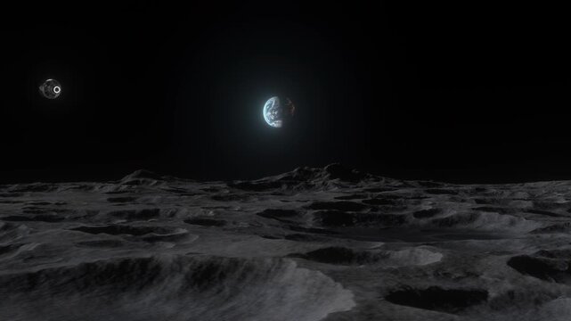 Orion Spacecraft Approaching Lunar Surface with Earth in Deep Space Background. Perfect for documentaries regarding the Artemis missions and the future of deep space exploration.