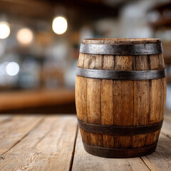 Fototapeta premium Wooden barrel on rustic wooden table in pub setting