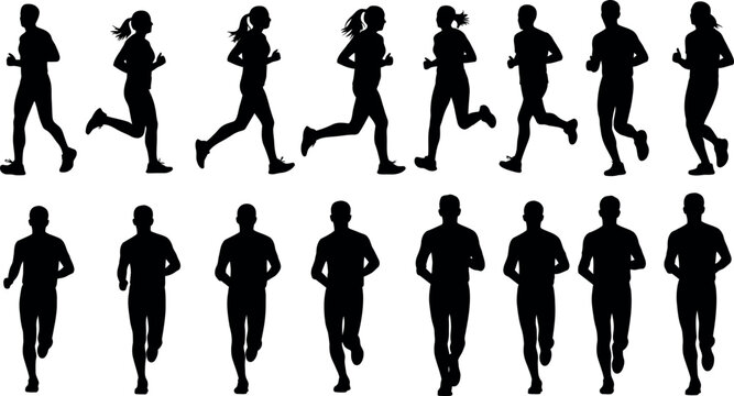 Silhouette of people running and walking in various poses