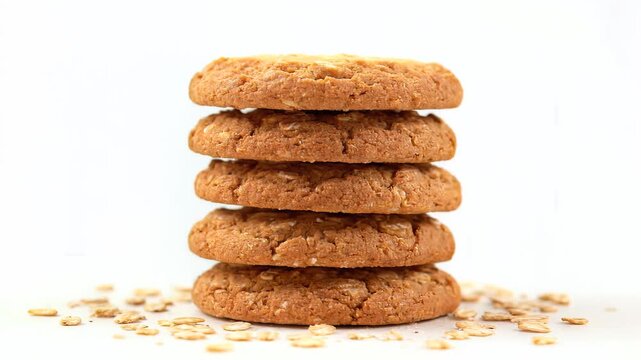 Stack of oatmeal cookies with rolled oats on white background, slow motion shot, symbolizing healthy snacking and wholesome ingredients.