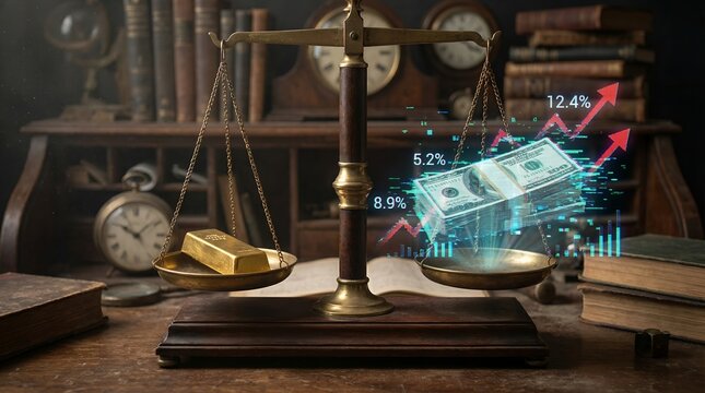 An antique scale balancing gold and money with rising graphs, highlighting financial decisions. The image symbolizes economic stability and growth.