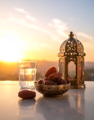 Mock Up Ramadan Refreshment Dates and Water in a Still Life Composition