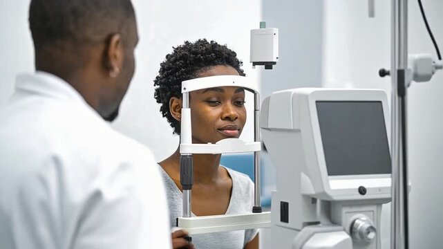 Patient undergoing eye examination with modern ophthalmology equipment in clinical setting
