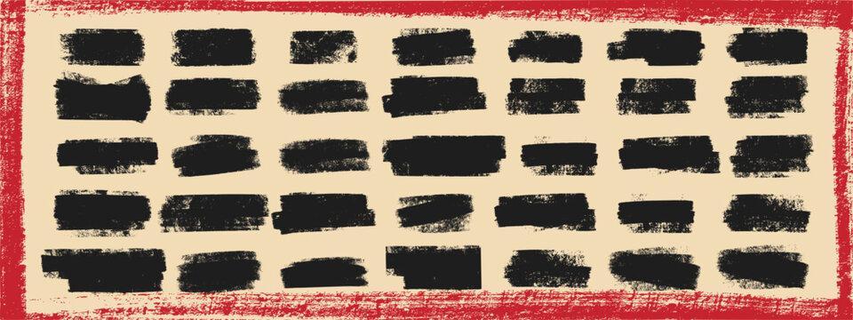 Ink roller stroke texture collection. Rough black brayer rectangles with distressed grain on beige bg and grunge red frame border.