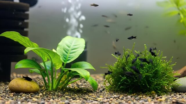 calm freshwater aquarium with lush plants and tiny fish