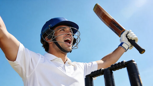 Triumphant Cricket Player Celebrating a Win with Raised Bat