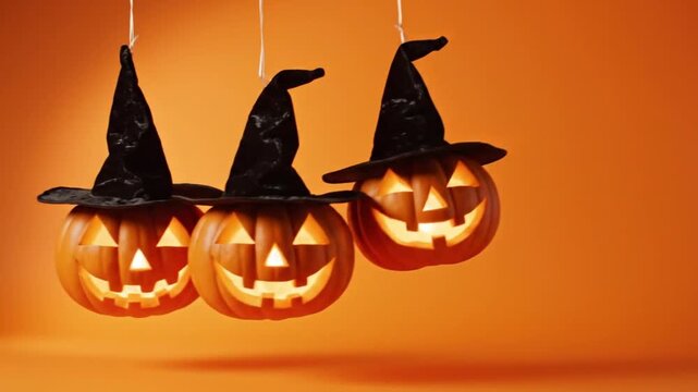 Minimalist halloween scene with three hanging jack o lantern pumpkins wearing witch hats suspended by thin strings near the left side of the frame smooth slow swinging motion as if moved by a soft bre